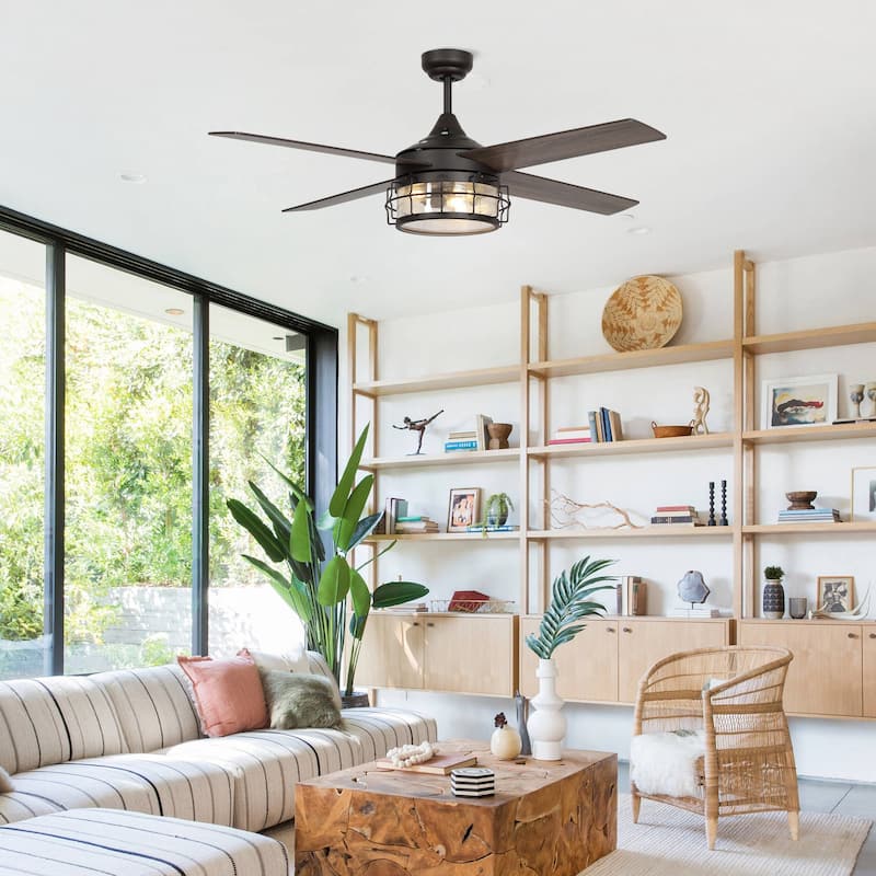 52" Indoor Oil Rubbed Bronze Downrod Mount Industry Ceiling Fan with Light and Remote Control - Size: D: 52 " x H:17"