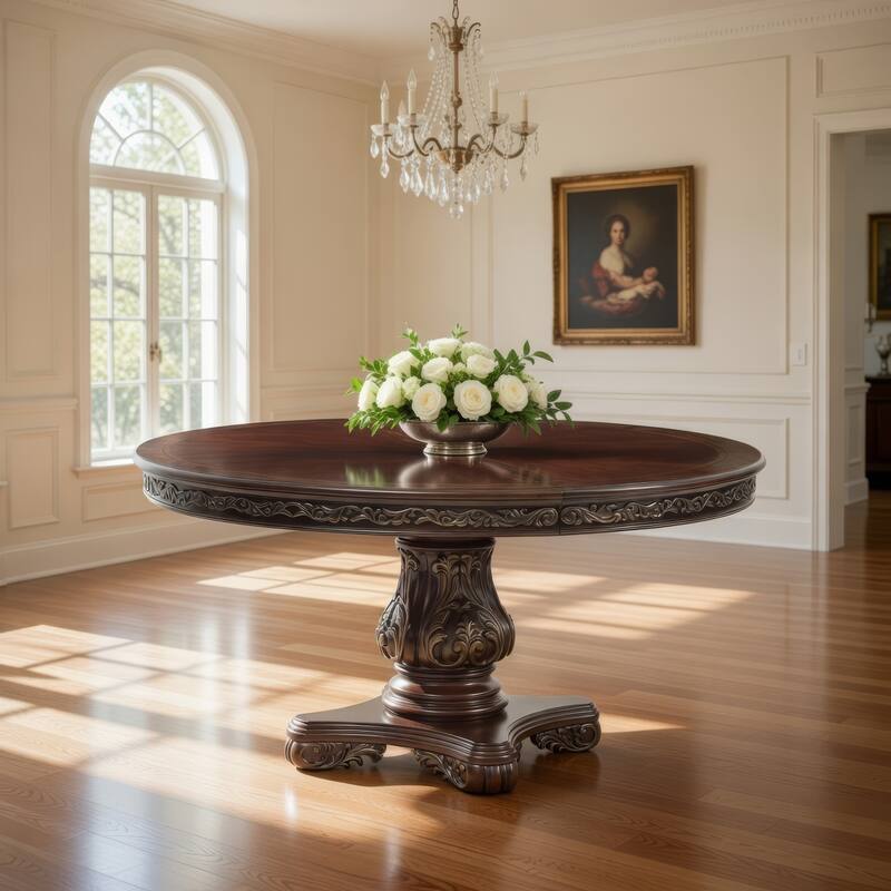 Ellie 60-76 Inch Round Extending Dining Table, Pedestal Base, Cherry Brown