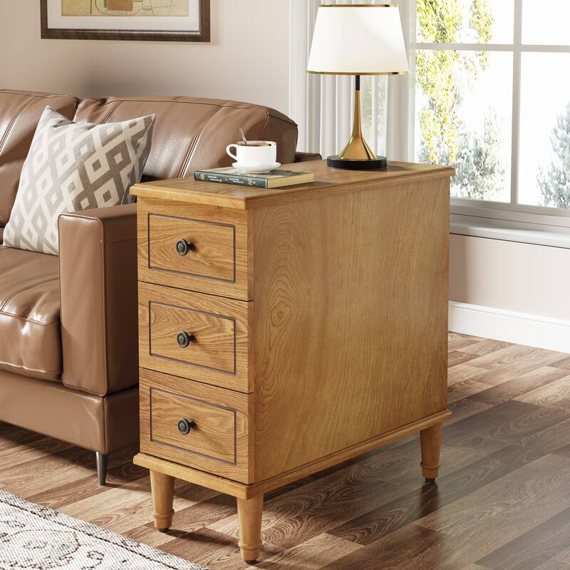 Solid Wood 3 - Drawer End Table Set,Fully Assembled Narrow Side Table