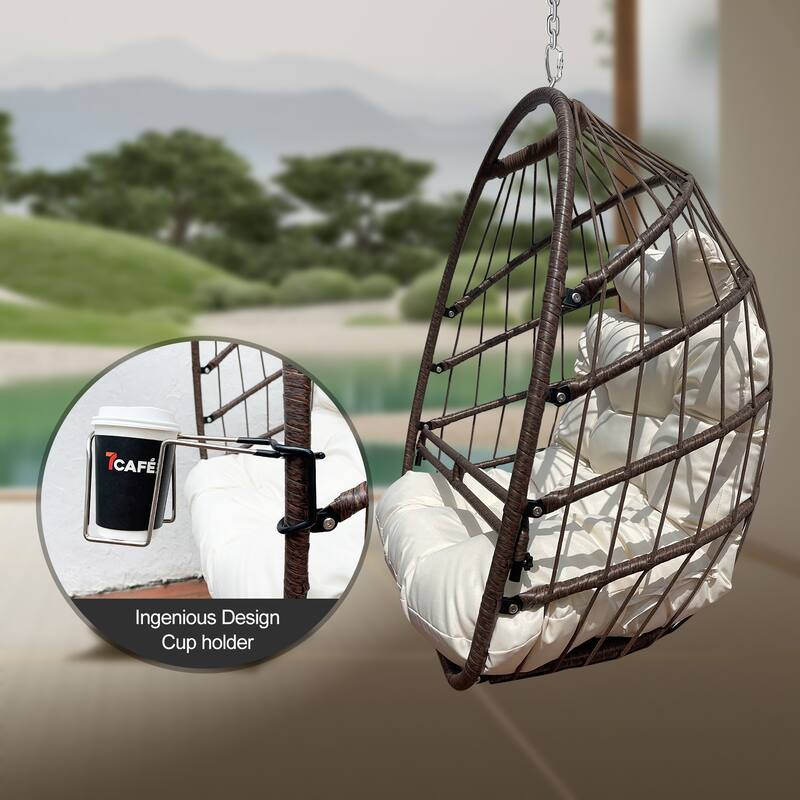 Swing Hammock Egg Basket Chairs, UV Resistant Cushion Hanging Chair, Foldable Frame Ceiling Rattan Chair - beige brown