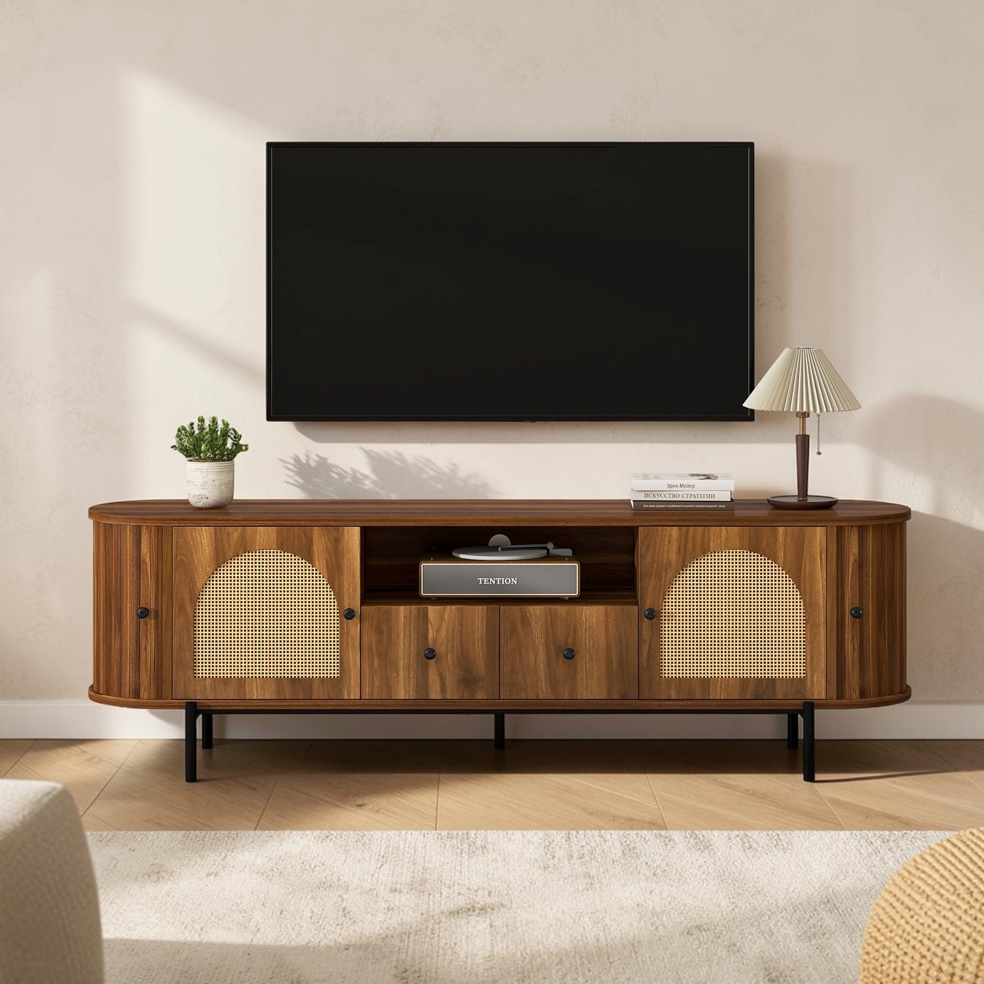 70.9'' Farmhouse TV Stand with Rattan Arched Doors, Drawers and Sliding Storage Cabinets, Metal Legs