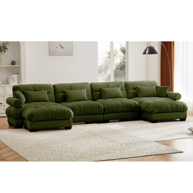 166" Velvet U-Shaped Sectional Sofa with Ottomans & Pillows