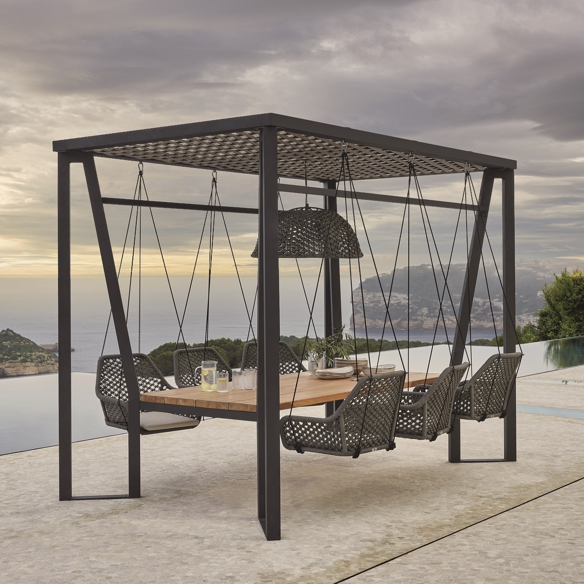 Skyline Design Horizon Pergola with Lamp, Hanging Chairs & Teak