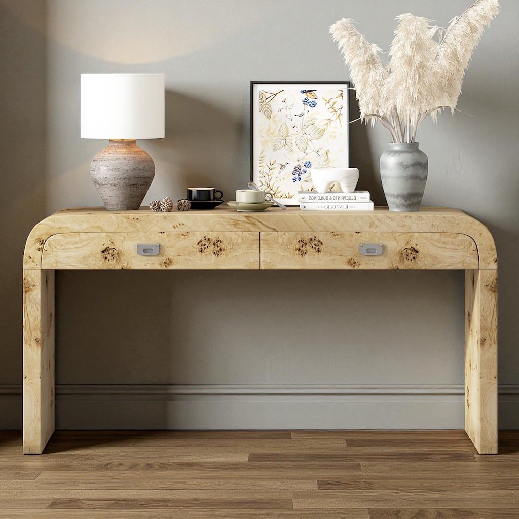 60'' Modern Wooden Console Table with Burl Veneer, 2 Drawers and Metal Handles, Entryway Table for Living Room or Hallway