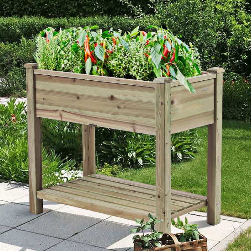 29.9" H Natural Wood Rectangular Raised Garden Planter with Shelf