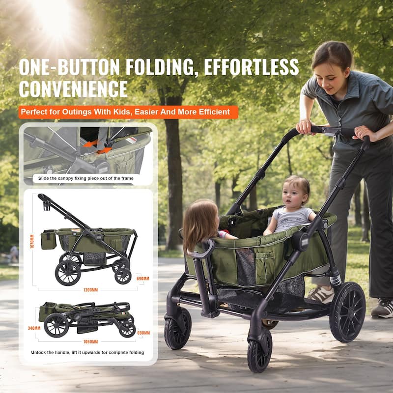 Carbon Steel All-Terrain Stroller Wagon Foldable Twin with Canopy and Tray - 47.2” L x 27.2” W x 42.1” H