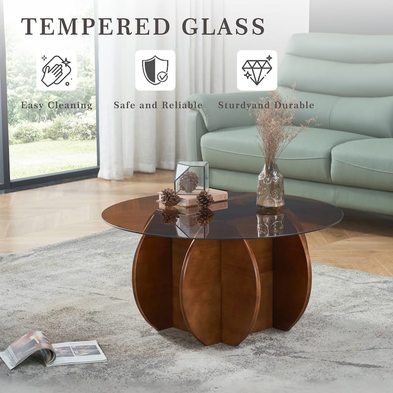 CAROCC Modern Round Table Glass Top Wooden Base Petal - Shaped Legs Dining Living Room Stylish Sturdy