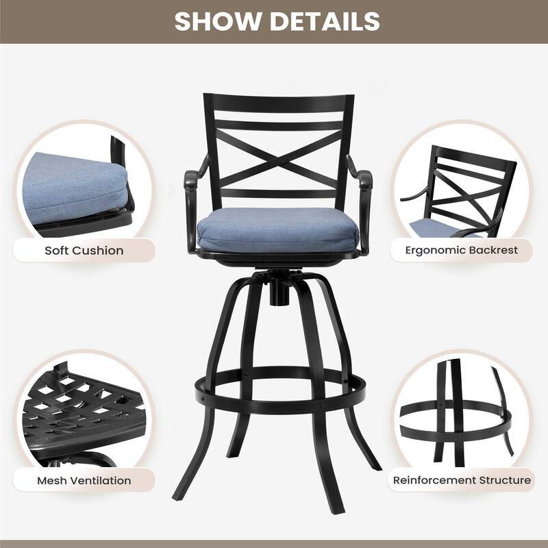 Outdoor Indoor Aluminum Swivel Patio Bar Stools Dining Chairs with Removable Sunbrella Cushion