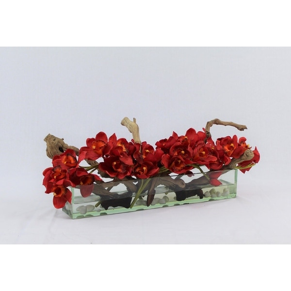Cymbidium Orchids and Driftwood Centerpiece in Glass Planter. Opens flyout.