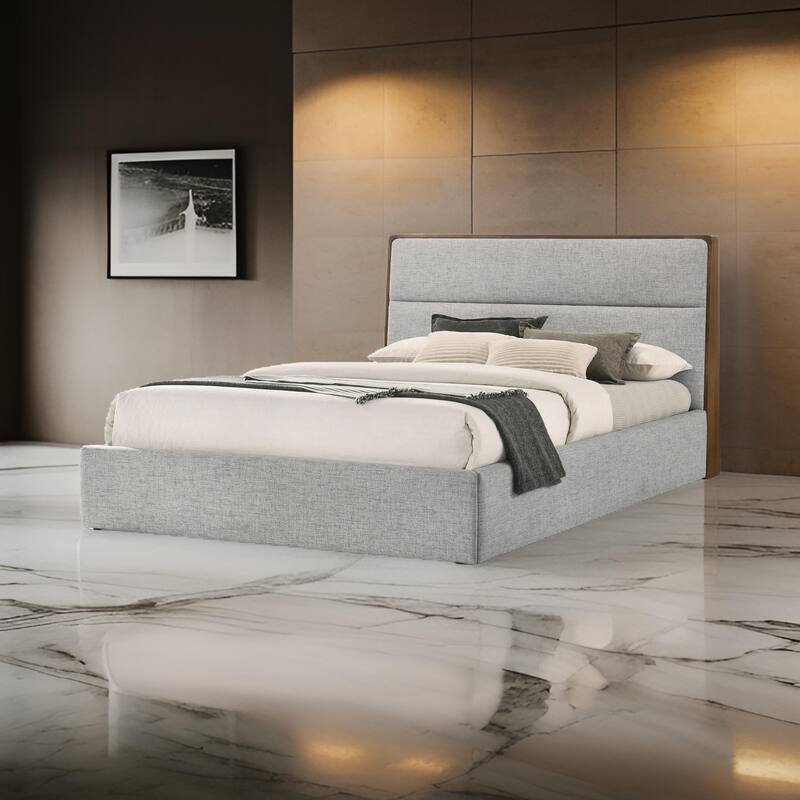 Aki Queen Size Platform Bed, Cushioned Upholstery, Gray Polyester, Walnut