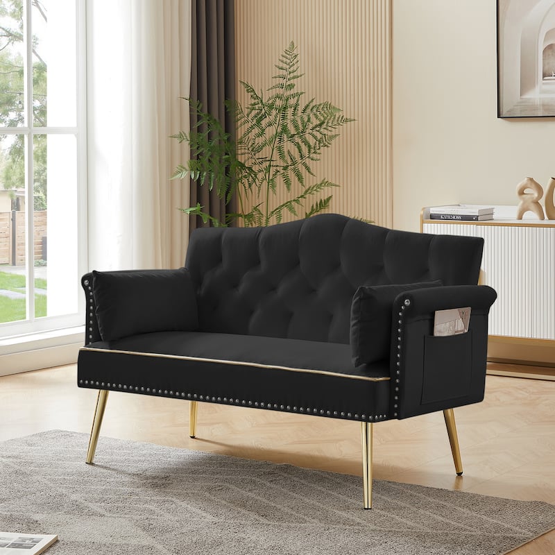 Velvet Loveseat Tufted Couch with 2 Pillow Upholstered Deep Seat Sofa Rivet Arm Lounge Couch Living Room 2 Seater Couch
