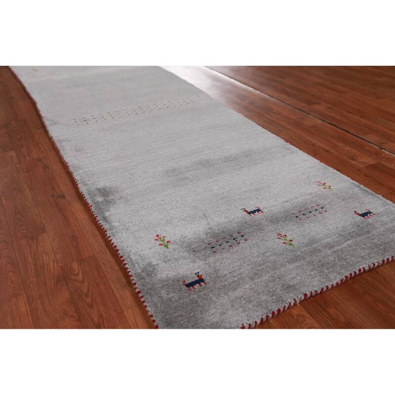 Hand Knotted Oriental 100% Wool Carpet Tribal Animal Pictorial Greys & Charcoal Gabbeh Runner Rug - 7' 9'' X 2' 7''