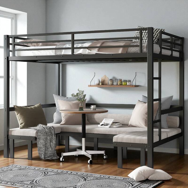 Full over Full / Queen over Queen Metal Bunk Bed with 3-Section Pull-Out Lower Bed and Safety Guardrails - Black - Queen