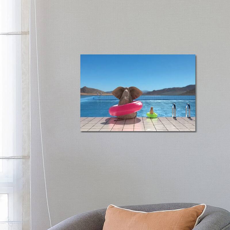 iCanvas "Elephant And Dog Sit On The Edge Of The Pool II" by Mike Kiev Canvas Print - 18x26x1.5