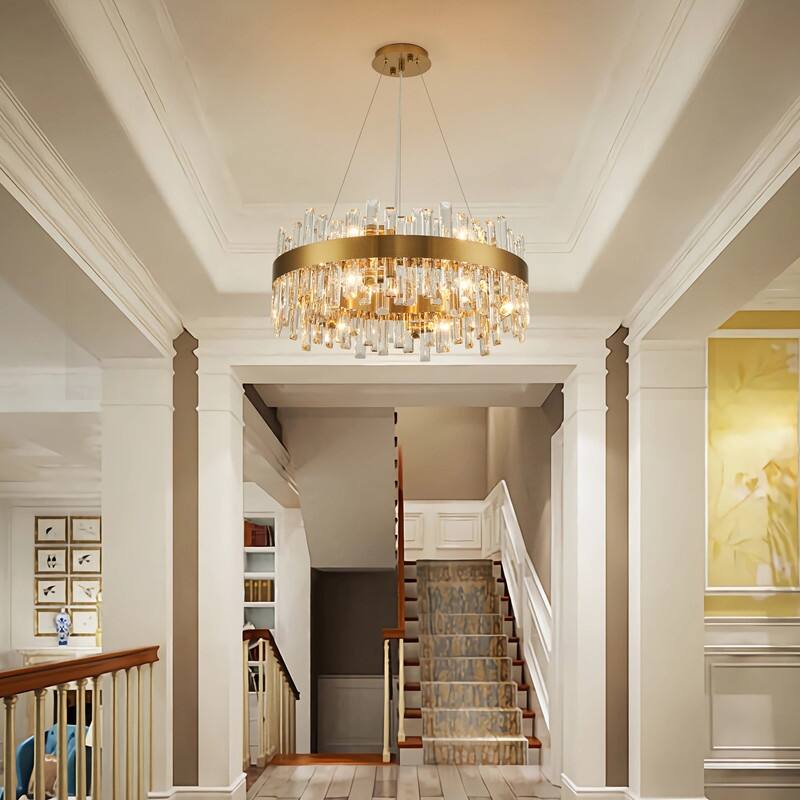 32 in. 2-Tier Modern Crystal Chandelier Brass Gold Round Crystal Raindrop Chandelier Contemporary Pendant Light for Dining Room