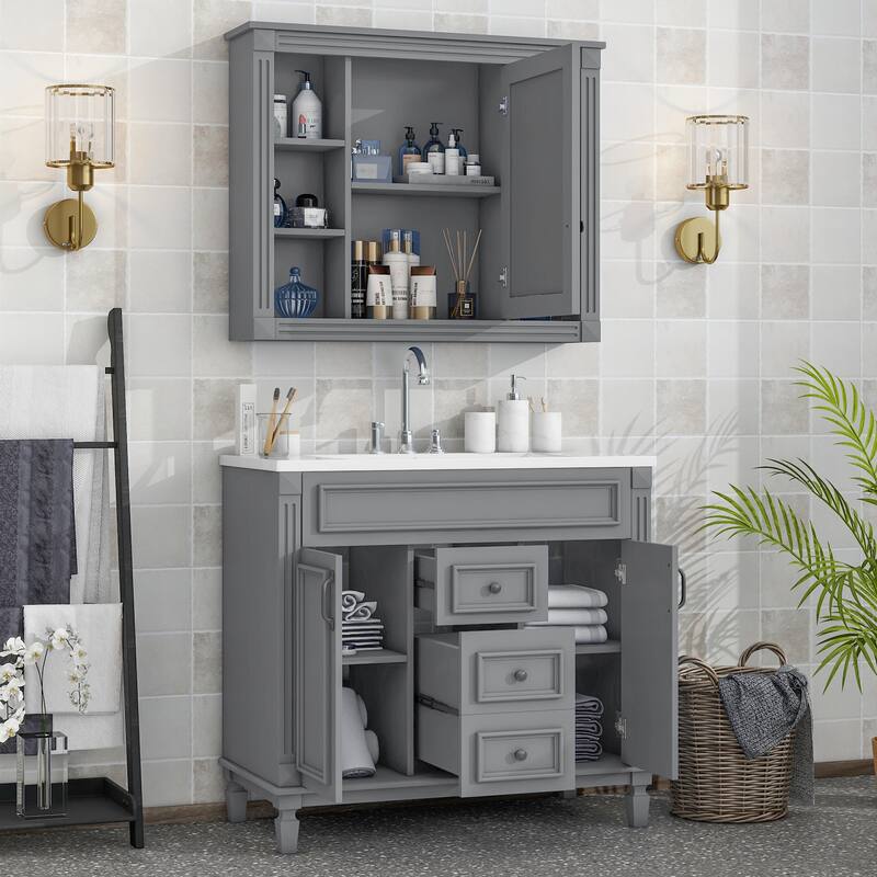 36'' Bathroom Vanity Combo Set with Mirror Cabinet, Modern Bathroom Storage Cabinet with 2 Soft Closing Doors and 2 Drawers