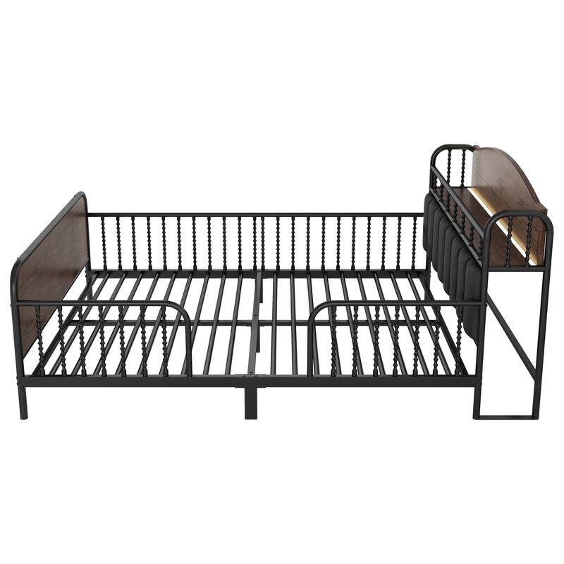 Roomfitters Twin/Full Metal Platform Bed, LED Storage Headboard and Guardrails with Metal Frame for Bedroom or Guest Room