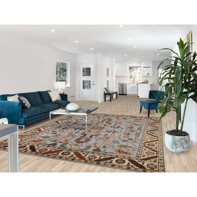 Light Blue Geometric Oushak Oriental Area Rug Hand-Knotted Wool Carpet - 7'10"x 9'10"