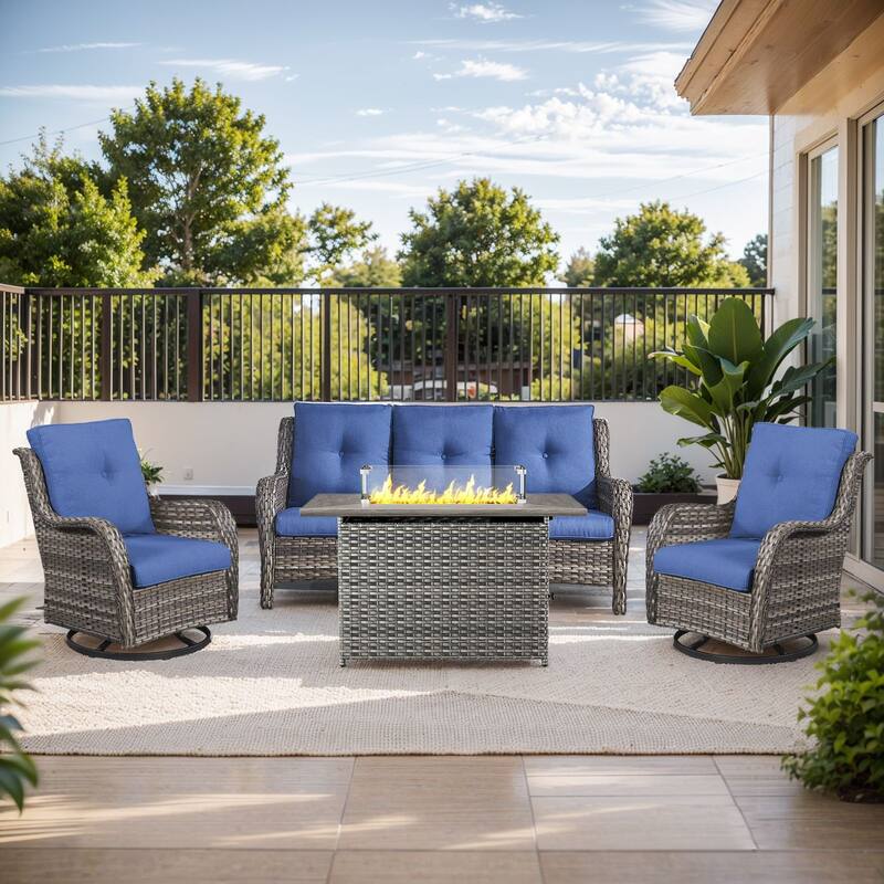 Gymojoy 4-Piece Outdoor Furniture Set, 2 Swivel Glider Chairs, 3-Seat Sofa & 55K BTU Fire Pit Table - Grey Wicker / Blue Cusion - 4-Piece