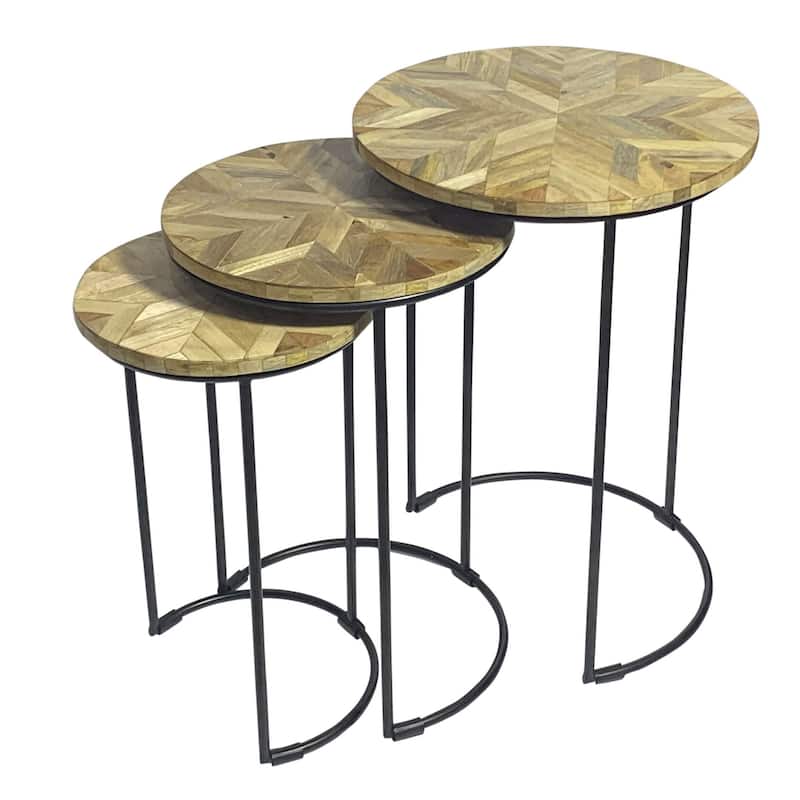 HomeRoots Set of Two Natural and Black Solid Wood and Metal Round Frame Nested Tables - 17.5 in. x 25 in. x 17.5 in.