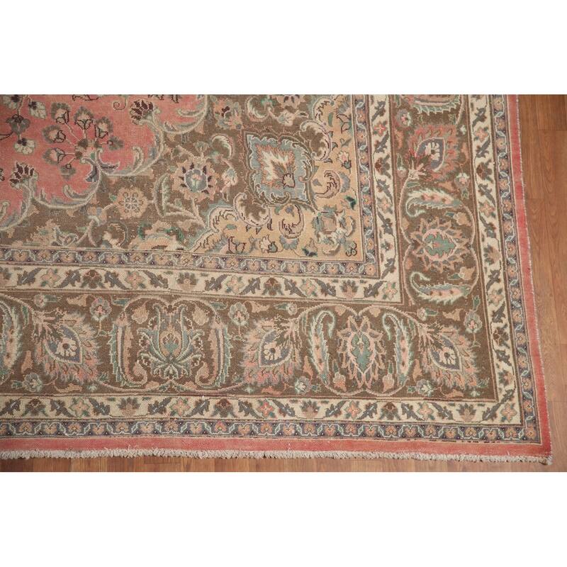 Hand Knotted Oriental 100% Wool Carpet Traditional Floral Pink Mashad Area Rug - 13' 0'' X 9' 7''