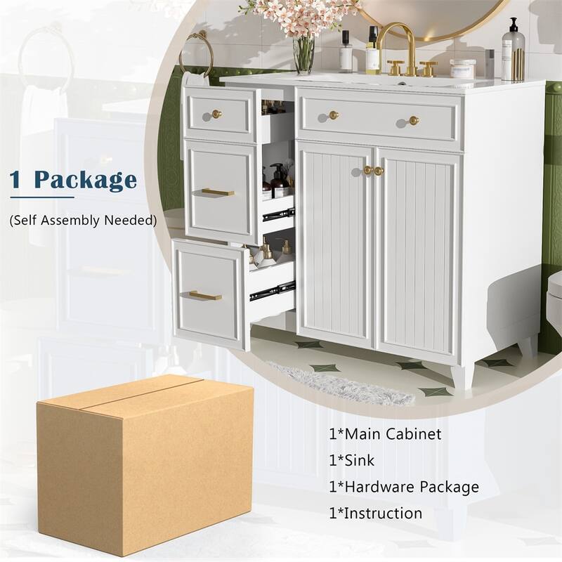 36"Bathroom Vanity with Ceramic Sink,Standard and Double-Layer Drawers