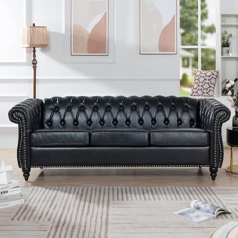 84 ''PU Material Roll Arm Chesterfield 3 Seat Upholstered Sofa with Nail Head Decoration