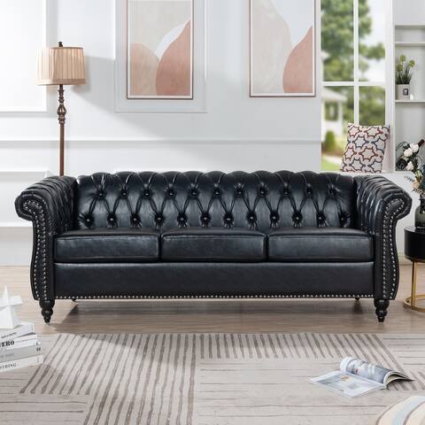 PU Leather Seat Cushions Three Seater Sofa, Traditional Rolled Arm Chesterfield Sofa