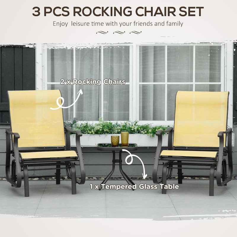 3-Piece Outdoor Gliders Set Bistro Set with Steel Frame, Tempered Glass Top Table for Patio, Garden, Backyard, Lawn, Bei