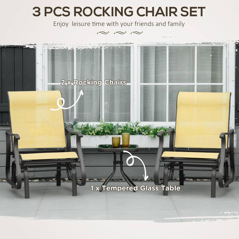3-Piece Patio Glider Chair Set with Tempered Glass Side Table, Steel Frame Outdoor Rocking Chairs with Mesh Fabric for Porch