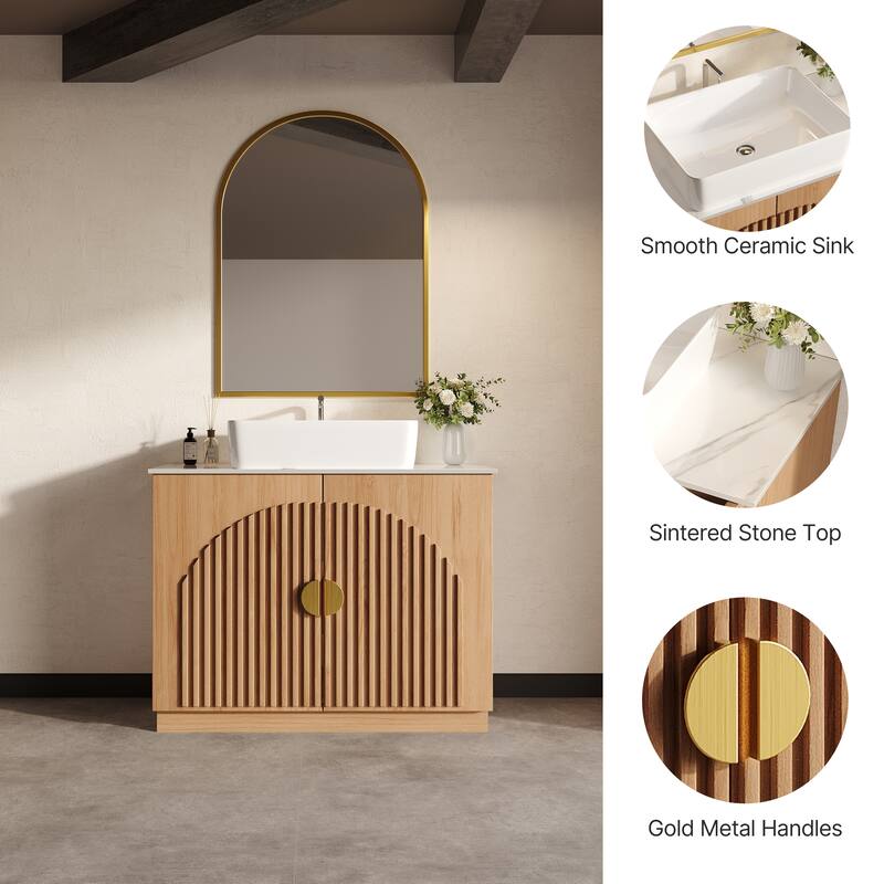 36" Mid - Century Modern Bathroom Vanity With Single Sink Grille Door & Gold Accents