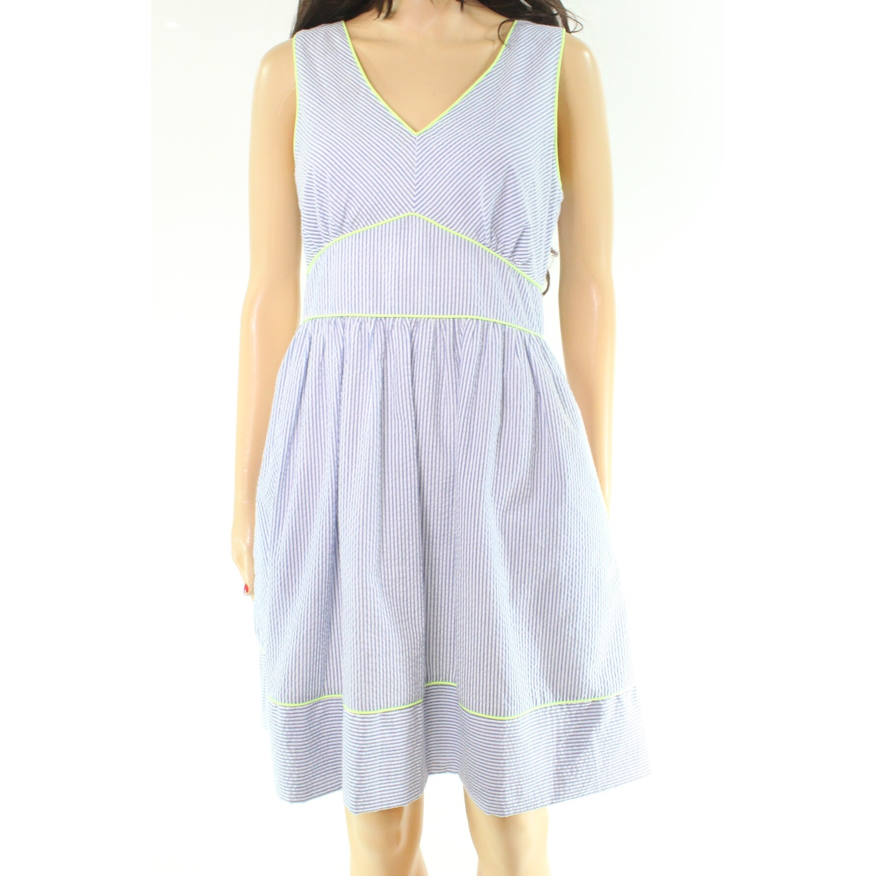 Shop Esley Blue Neon Green Striped Women S Small S V Neck A Line