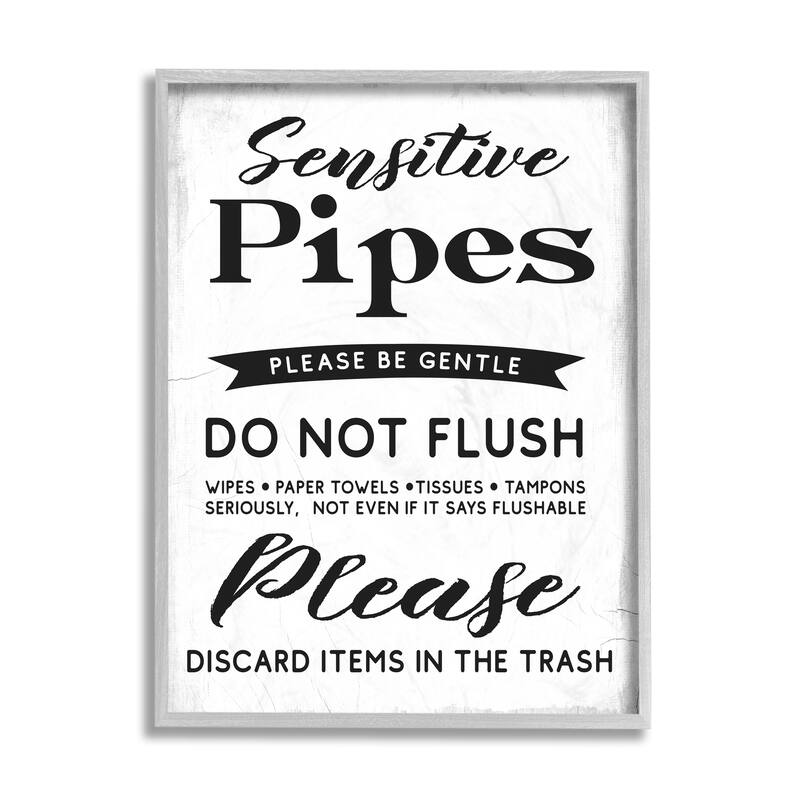 Stupell Sensitive Toilet Pipes Sign Flushing Restrictions Framed Wall Art - White - 11 x 14 - Grey