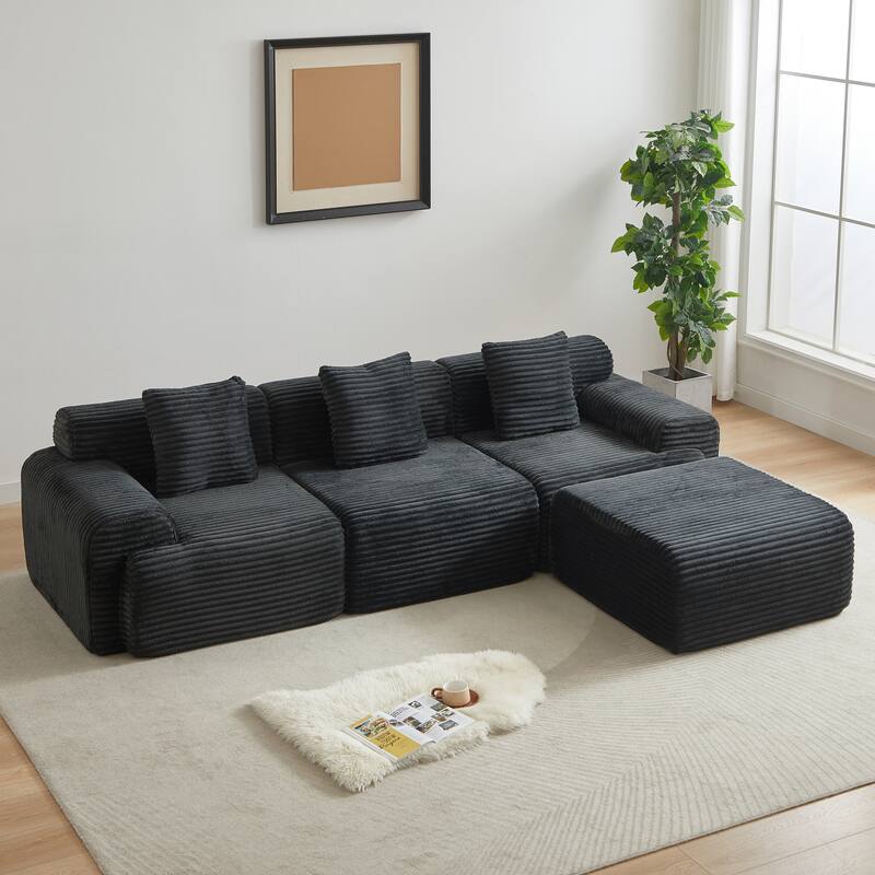Inlaid Structural Sleeper Sectional Sofa Bed with Ottoman, Corduroy Modular Boneless Couch with Wider Armrests and Backrests