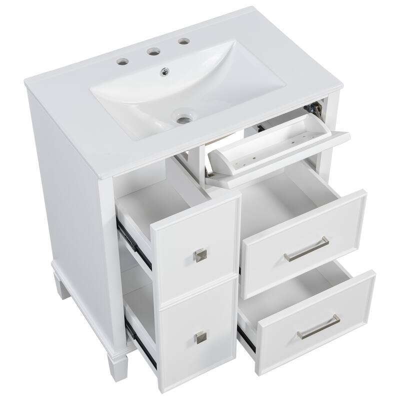 30" Bathroom Vanity with Ceramic Sink, Flip-Out Drawer, Soft Close Doors & Drawers Cabinet with Solid Wood Legs