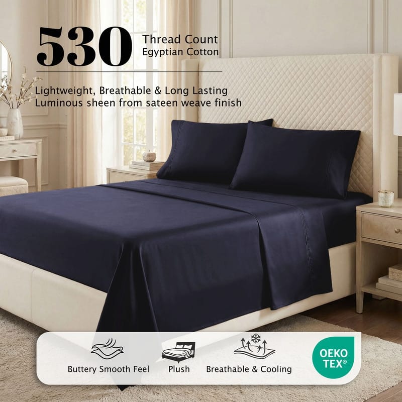 Superior Egyptian Cotton 530 TC Sheet Set Sateen Weave, Deep Pocket, Ultra‑Soft & Breathable Bedding