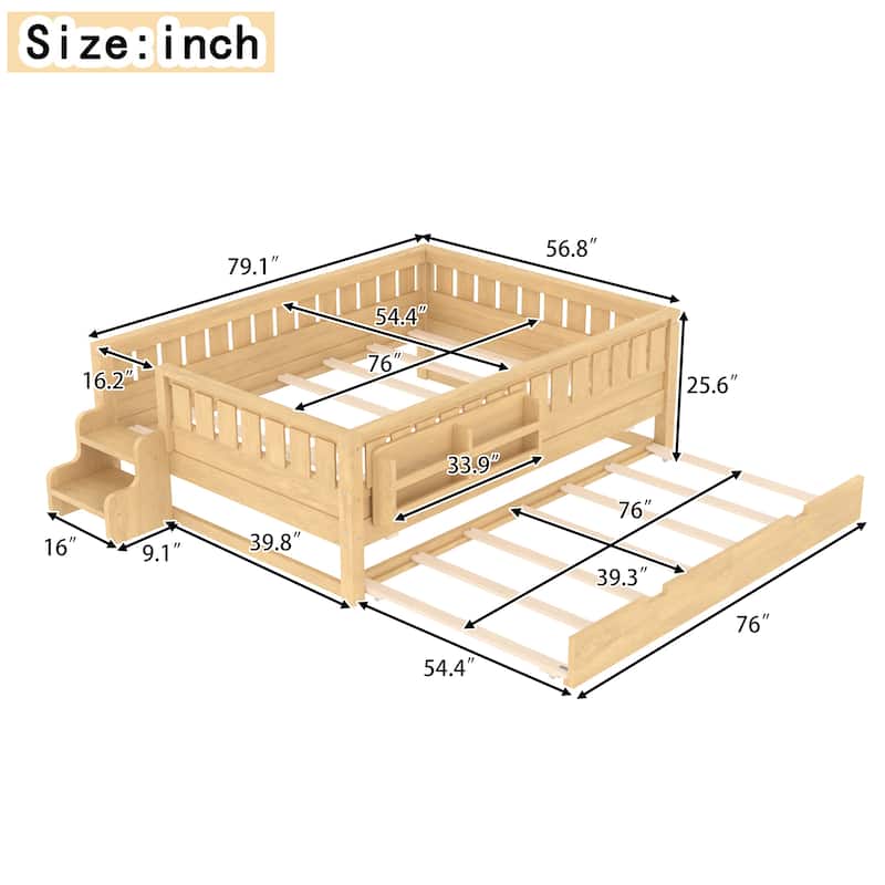 Full/Twin Size Wood Bed with Built-in Bookshelves and Storage Staircase, Safety Rails and Trundle Bed