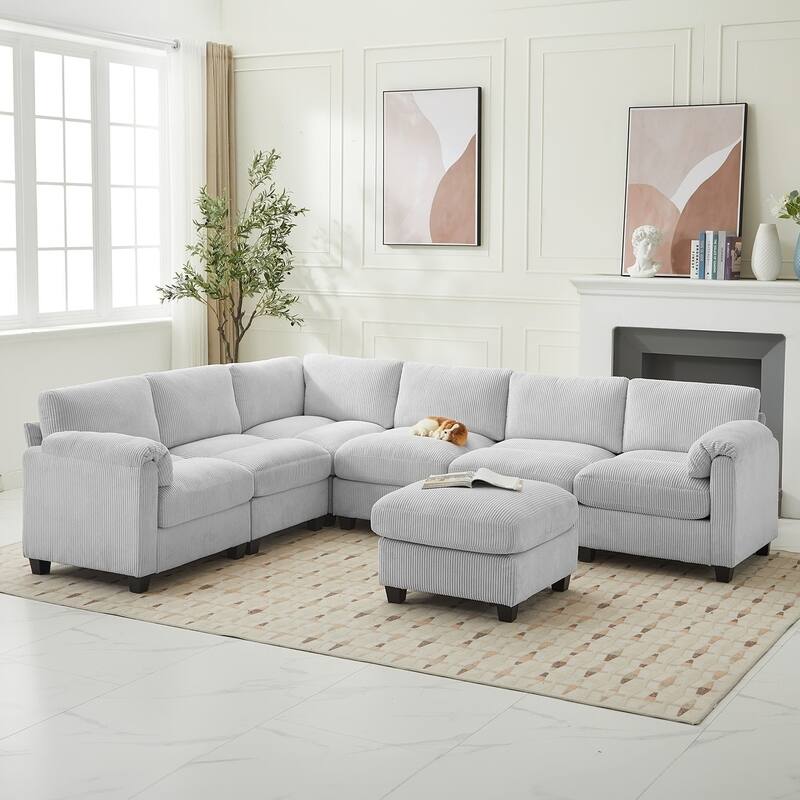 Multi-Seater Corduroy Sectional Sofa, Modular Settee, Included Removable Ottomans