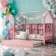 preview thumbnail 1 of 8, Wooden Twin Size House Bed with Trundle and Shelf for Kids Pink