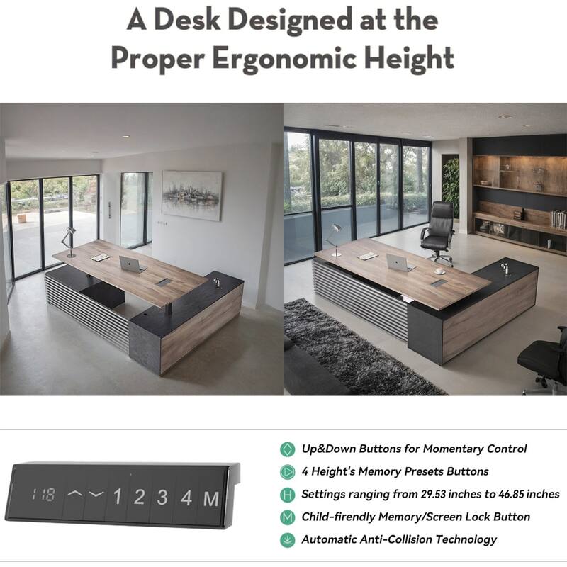 Adjustable Height Executive L Shaped Standing Desk w/ Cable Box Drawers Cabinets