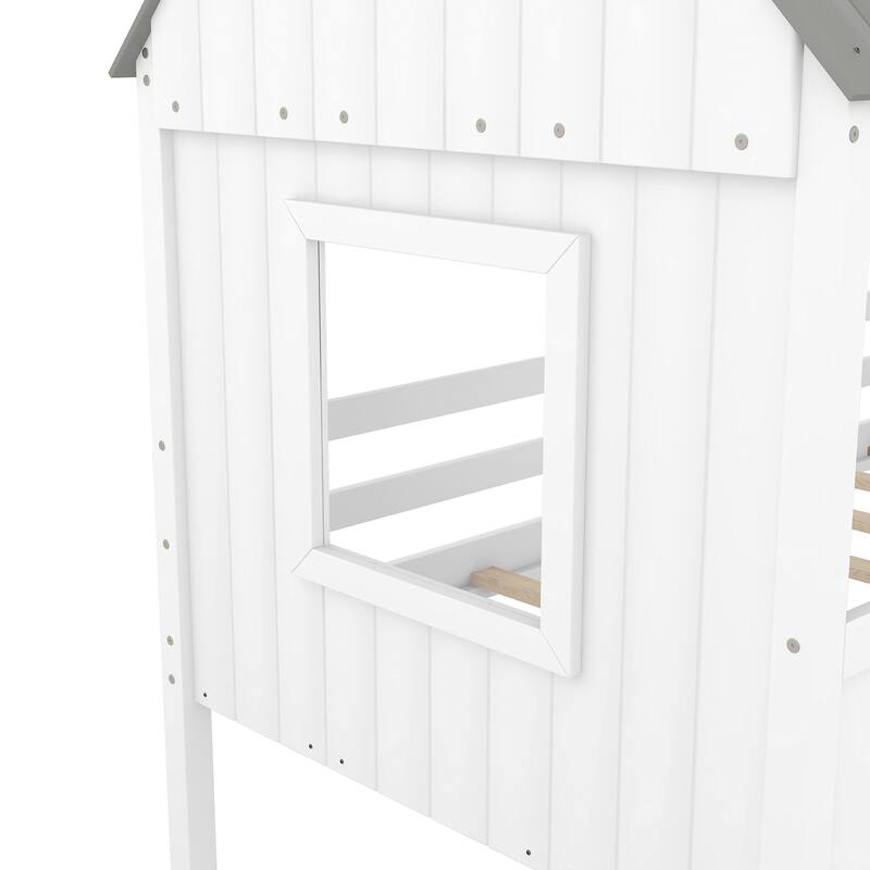 Twin Size Low Loft Bed House Bed with Roof, Side Windows, Ladder and Safety Guardrail, Playhouse Bed with Wood Frame for Kids