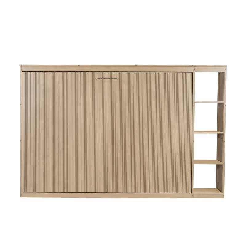 Full Size Murphy Bed Cabinet with Bookshelf, Space-Saving Foldable Wood Wall Bed Frame w/Hidden Bed Foundation & Slats Support