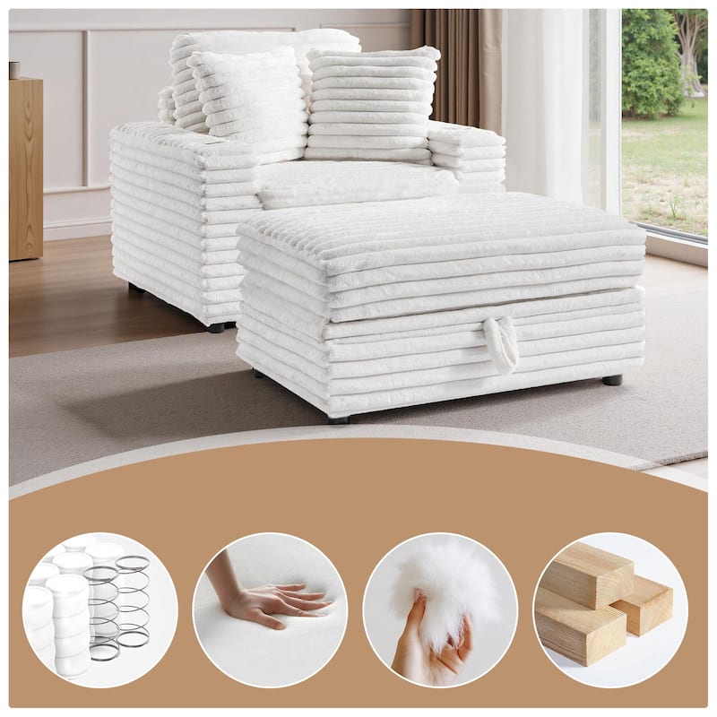 Modern Oversize Plush Corduroy Accent Chair Chaise Lounge with Storage Ottoman