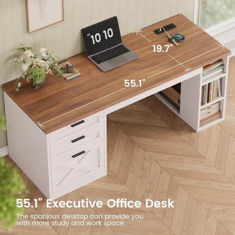 Farmhouse Executive L Shaped Desk Home Office Desk with Drawers and Storage Cabinet & Power Outlet