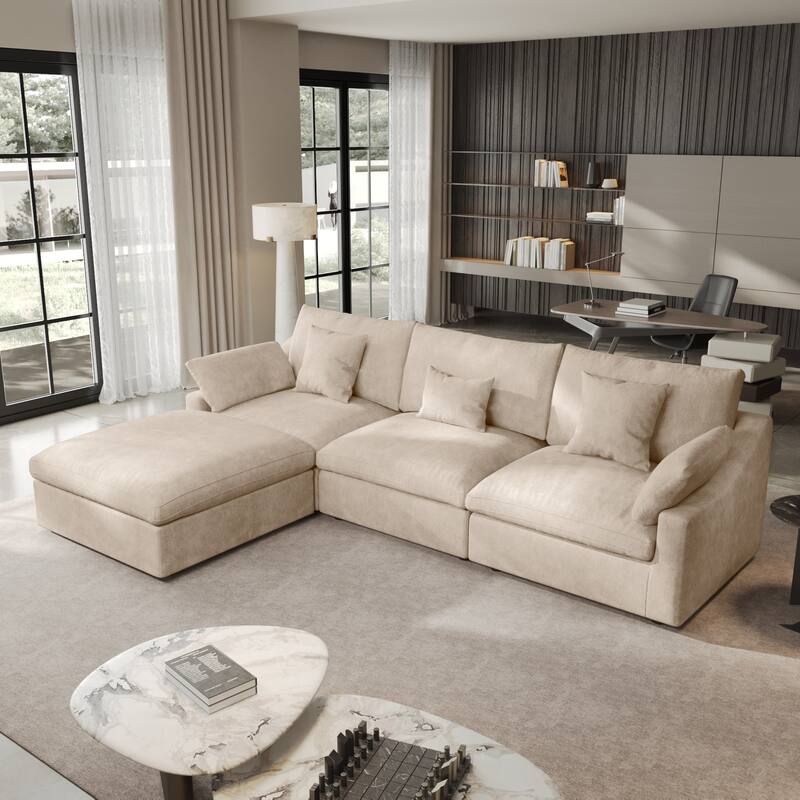 Minimalist Linen Sectional Sofa Cloud Couch, L-Shape Deep Seat Couch with Cushions - Khaki