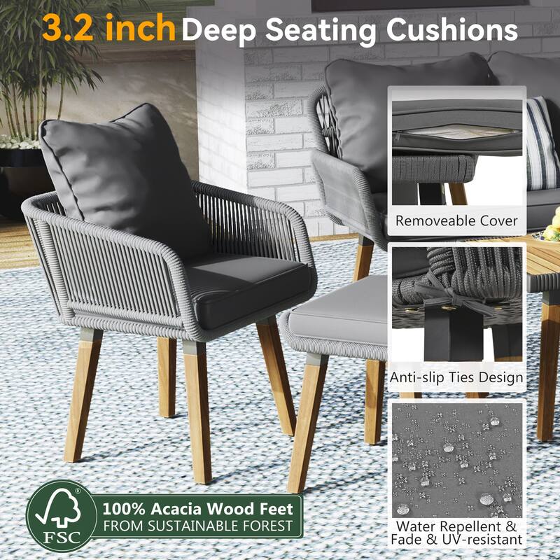 Outdoor 6-Piece Rope Conversation Sofa Set with Acacia Cool Bar Table & Stools