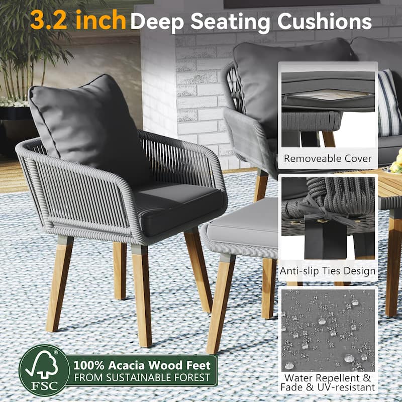 K&K 6-Piece Rope Patio Furniture Set Deep Seat with Two Stools