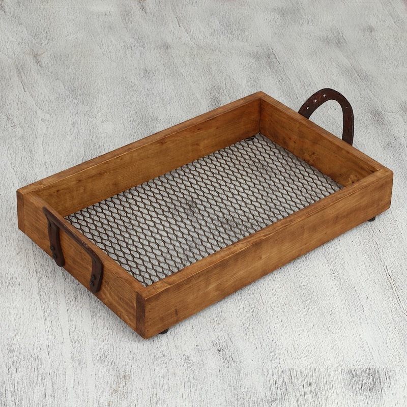 Novica Handmade Horseshoe Service Wood And Upcycled Iron Tray