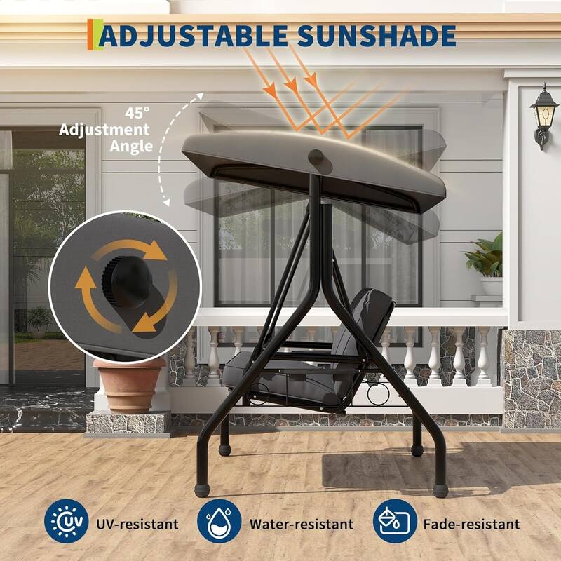 3 Seat Outdoor Porch Swing Chair with Canopy ＆ Cup Holders for Backyard, Porch, Garden