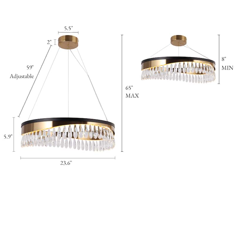 Modern LED Crystal Drum Chandelier Black Gold Hanging Lights for Dining Living Room - D23.5" x H6"